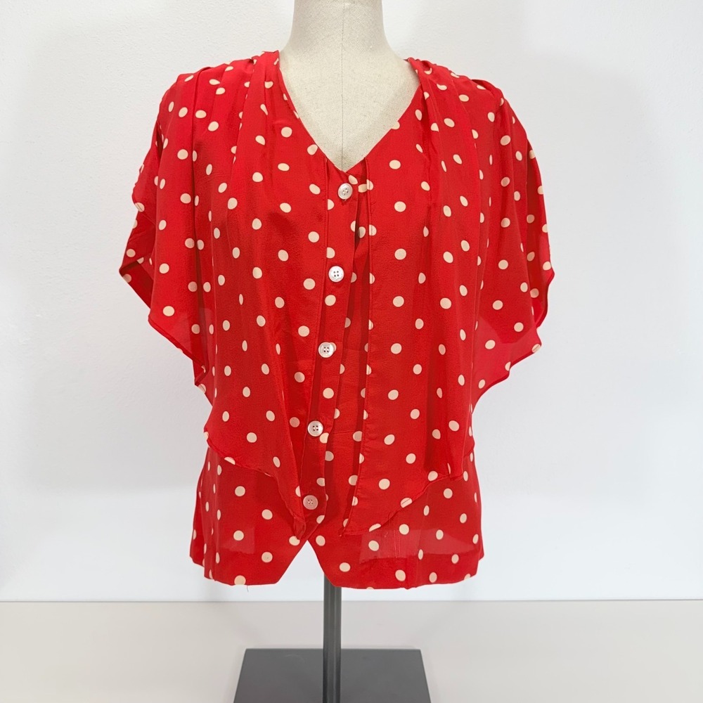 Diane Gilman Vintage 100% Silk Retro Pin-Up 90s Polka Dot Button Up Red Blouse S